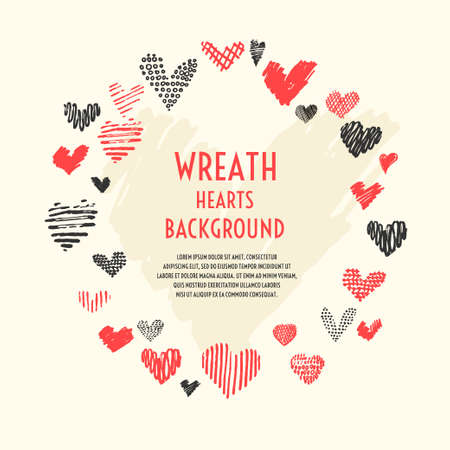 Wreath of vector hand-drawn hearts. For postcards on Valentine day in cartoon styleのイラスト素材