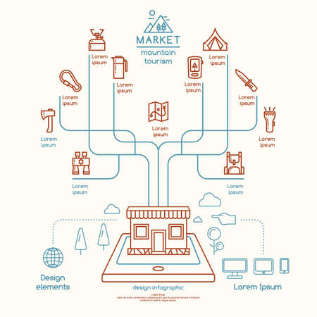 Sale of tools for camping and Hiking . Vector illustration and infographics online store.のイラスト素材