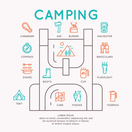 Conceptual illustration for web, a hike in the woods and Hiking. Vector infographics.のイラスト素材