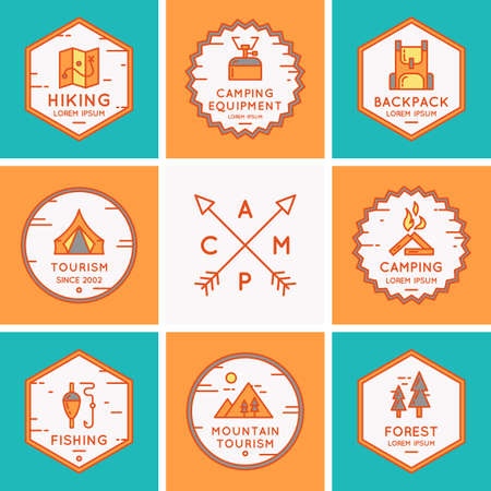 Set of logos and symbols for camping and hiking. Vector illustration.のイラスト素材