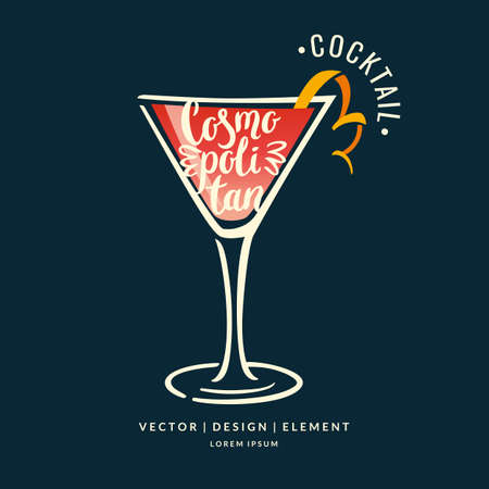 Modern hand drawn lettering label for alcohol cocktail Cosmopolitan. Calligraphy brush and ink. Handwritten inscriptions for layout and template. Vector illustration of text.のイラスト素材