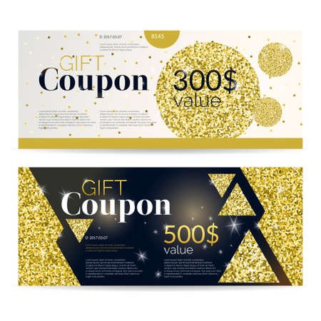 Golden glitter Gift voucher flyer. Original poster for discount. Bright abstract background with text. Vector illustration.のイラスト素材