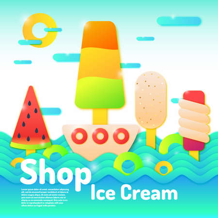 Vector poster Shop ice cream. Cartoon banner with food and a sea view.のイラスト素材