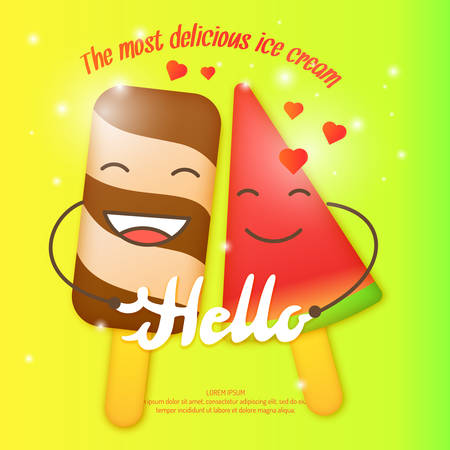 Bright vector illustration of ice cream. Funny characters. Isolated illustration of a dairy product.のイラスト素材
