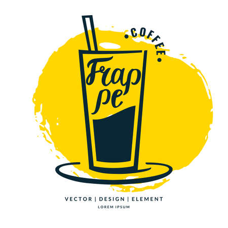 Modern hand drawn lettering label coffee drink Frappe. Calligraphy brush and ink. Handwritten inscriptions for layout and template. Vector illustration of text.のイラスト素材