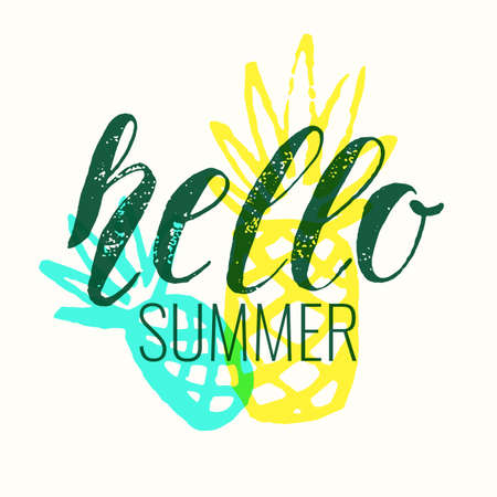 Hello summer. Modern hand drawn lettering phrase. Calligraphy brush and ink. Handwritten inscriptions and quotes for layout and template. Vector illustration of text with pineappleのイラスト素材