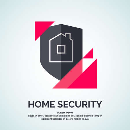 Modern minimalistic vector logo design for home security. Illustration of a shield with the building in a linear flat style on a light backgroundのイラスト素材