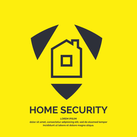 Modern minimalistic vector logo design for home security. Illustration of a shield with the building in a linear flat style on a yellow backgroundのイラスト素材
