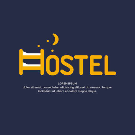 Modern conceptual vector logo of the Hostel. Illustration in a minimalist cartoon style on a dark background with a bunk bed moon and starsのイラスト素材