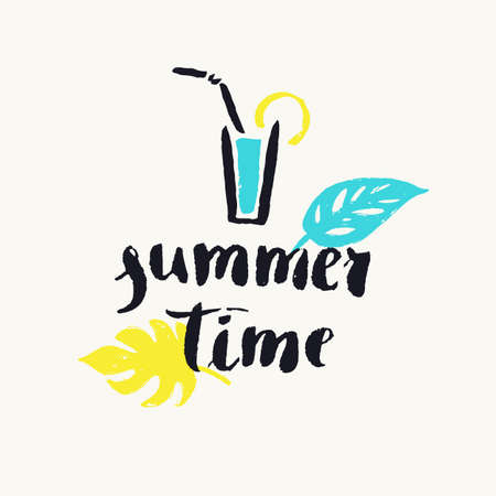 Summer time. Modern hand drawn lettering phrase. Calligraphy brush and ink. Handwritten inscriptions and quotes for layout and template. Vector illustration of text with cocktail and palm leavesのイラスト素材