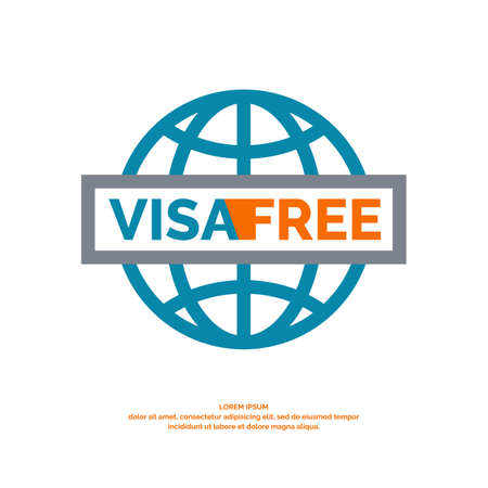 Modern vector poster free visa. Illustration in simple line style on a white background with blue globeのイラスト素材