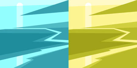 Set of modern posters of sunset on beach with sun reflection in the water. Vector illustration in flat styleのイラスト素材