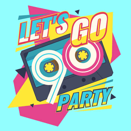 Audio cassette on red background. Let's go retro party 90's. Vector illustration.のイラスト素材