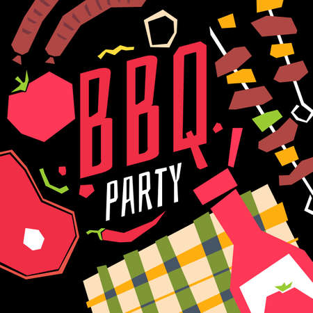 Modern poster BBQ party with a checkered tablecloth, barbecue, vegetables and ketchup. Vector illustration in flat cartoon styleのイラスト素材