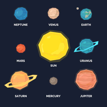 A poster with a set of planets of the solar system on a black background.のイラスト素材