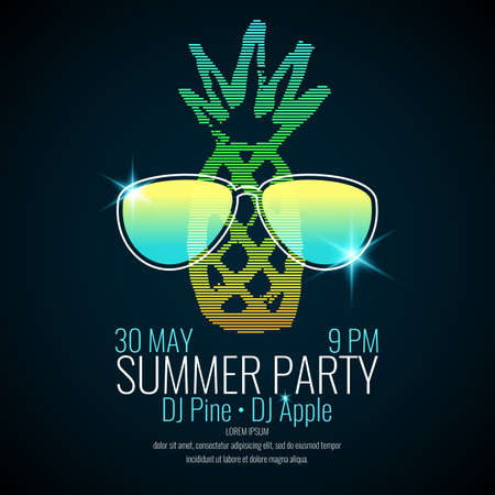 Modern poster summer party with a pineapple wearing sunglasses on a dark background.のイラスト素材