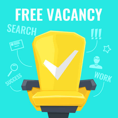 Vector illustration of a free vacancy with yellow chair worker and drawings search,human, magnifying glass and tick. Bright colorful poster in cartoon style on blue backgroundのイラスト素材