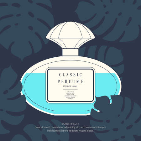 Classic retro bottle of perfume on a tropical background. Exotic leaves of plants and trees. Vector illustration.のイラスト素材