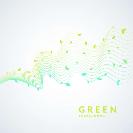 Vector illustration of green background with a dynamic waves and leaves. Bright poster on the eco themeのイラスト素材