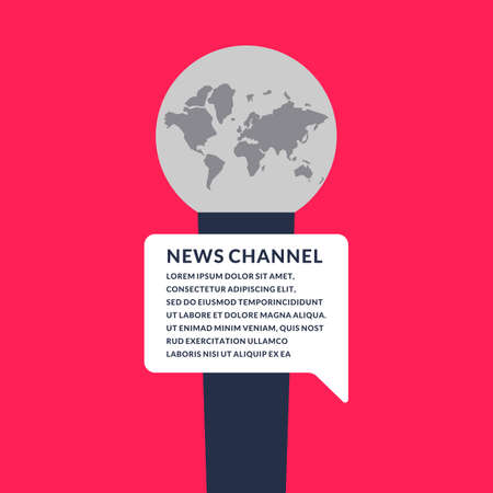 Bright vector poster with the news of a microphone and a field for text on bright background. Vector illustration in flat, minimalistic style.のイラスト素材