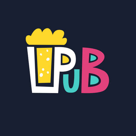 Bright logo pub beer mug of foaming beer on a dark background. Vector illustration in flat cartoon styleのイラスト素材