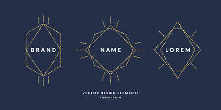 Set of modern geometric framework for text or logo of gold glitter on a dark background. Vector illustration in a minimalist styleのイラスト素材