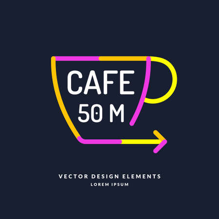 Bright colored pointer for a cafe with a Cup and an arrow in a flat minimalist style on a dark backgroundのイラスト素材