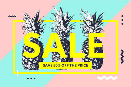 Fashionable modern poster with pineapple, Summer sale. Vector illustration. Original Memphis style banner for discount.のイラスト素材