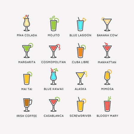 Illustration for bar menu set alcoholic cocktails. Vector line drawing of a Drink on background.のイラスト素材