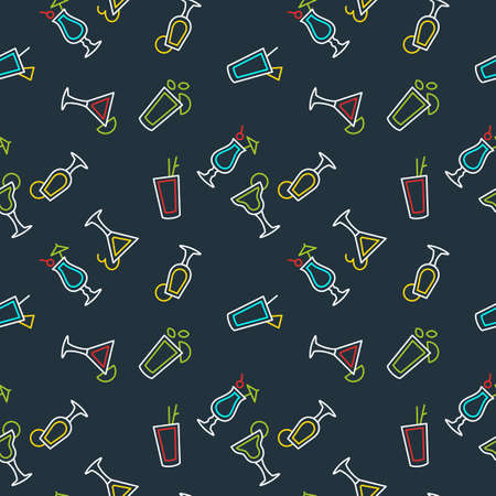Seamless pattern for bar menu alcoholic cocktail. Vector line drawing of a Drink on a dark background.のイラスト素材