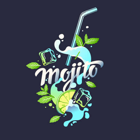 Modern hand drawn lettering label for alcohol cocktail Mojito. Handwritten inscriptions for layout and template. Vector illustration of text.のイラスト素材