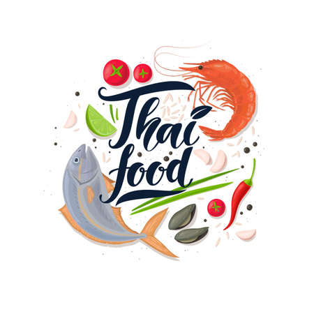 Poster and hand draw lettering Thai food. Vector illustration template for design. National cuisine and seafoodのイラスト素材