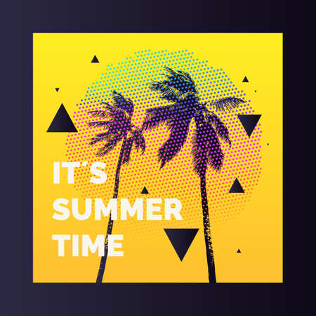 Summer time, Modern poster with palm tree and geometric graphic. Vector illustration.