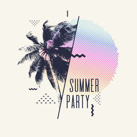 Summer party, Modern poster with palm tree and geometric graphic. Vector illustration.のイラスト素材