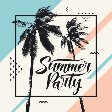 Summer party, Modern poster with palm tree and geometric graphic. Vector illustration.のイラスト素材