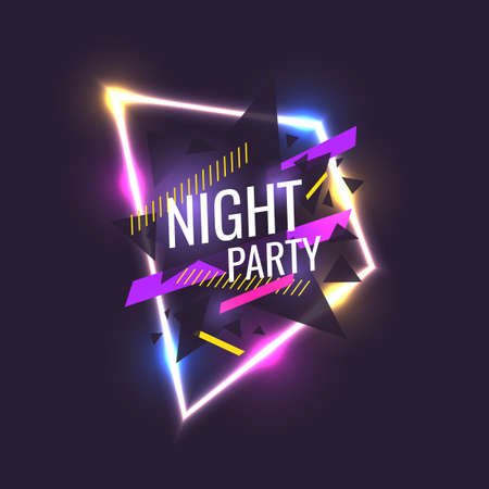 Original poster for night paty. Geometric shapes and neon glow against a dark background. Vector illustration.のイラスト素材