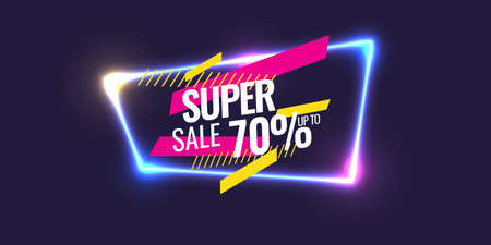 Best sale banner. Original poster for discount. Geometric shapes and neon glow against a dark background. Vector illustration.のイラスト素材