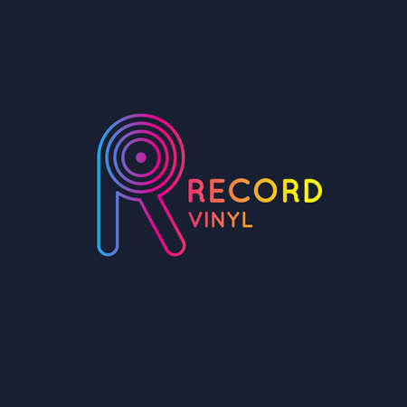 Logo of the Vinyl record. Letter R. Vector illustration music on dark background.のイラスト素材