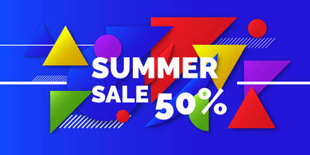 Modern collage of simple geometric shapes. Abstract composition and background for Summer sale poster. Vector illustration.のイラスト素材