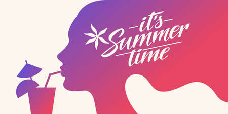 Stylish summer poster silhouette of a girl with a tropical cocktail on a light background. Lettering its Summer time.のイラスト素材