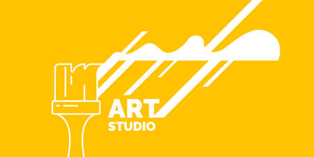 Modern poster Art studio. Abstract shapes and brush on yellow background. Vector illustration.のイラスト素材