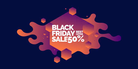 Black friday sale banner. Original poster for discount. Abstract background with splashes and geometric objects on dark background. Bright vector illustrationのイラスト素材