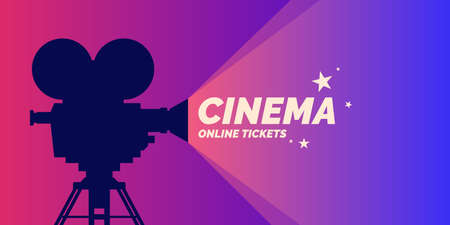 Bright poster with an old movie camera in the background. Vector illustration.のイラスト素材