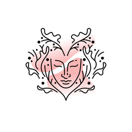Illustration for natural cosmetics. Image of the girls head. Conceptual line graphics. Vector sign.のイラスト素材