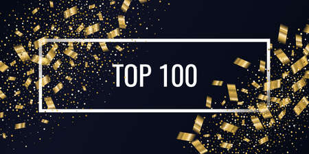 Top 100 poster. Gold confetti is falling. Abstract background with particles of different sizes. Template for placing text and design elements for the festival and celebration. Vector illustration.のイラスト素材