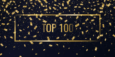Top 100 poster. Gold confetti is falling. Abstract background with particles of different sizes. Template for placing text and design elements for the festival and celebration. Vector illustration.のイラスト素材