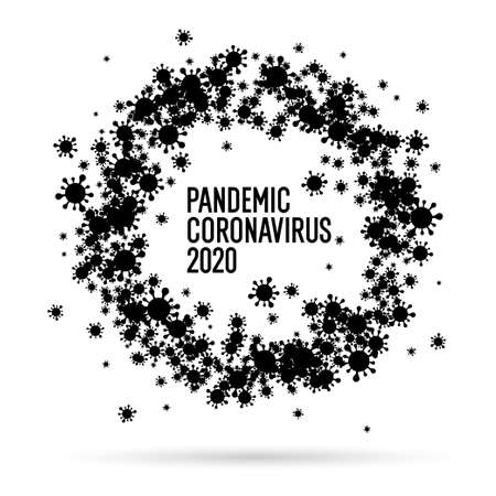 Coronavirus pandemic 2020. Black-and-white poster with the image of viruses. An epidemic of infection spreading around the world. Minimalistic background in a flat style.のイラスト素材