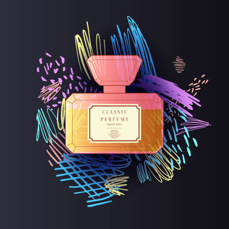 A perfume bottle with a Doodle pattern. Bright modern poster for advertising and sale Fragrance.のイラスト素材