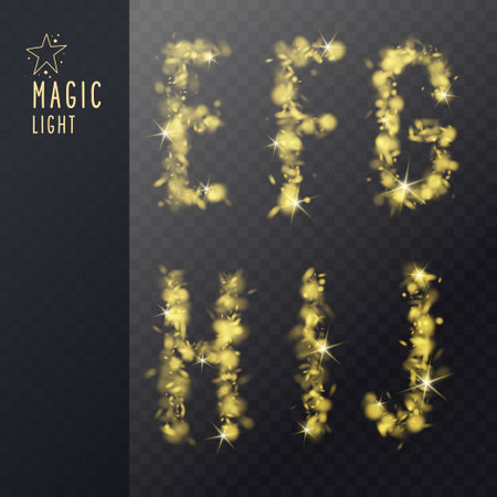Decorative letters of the Latin alphabet. Capital letters consisting of transparent gold particles.のイラスト素材
