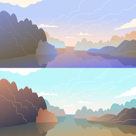 Landscape with a tree in a flat modern style. A template for your design.のイラスト素材